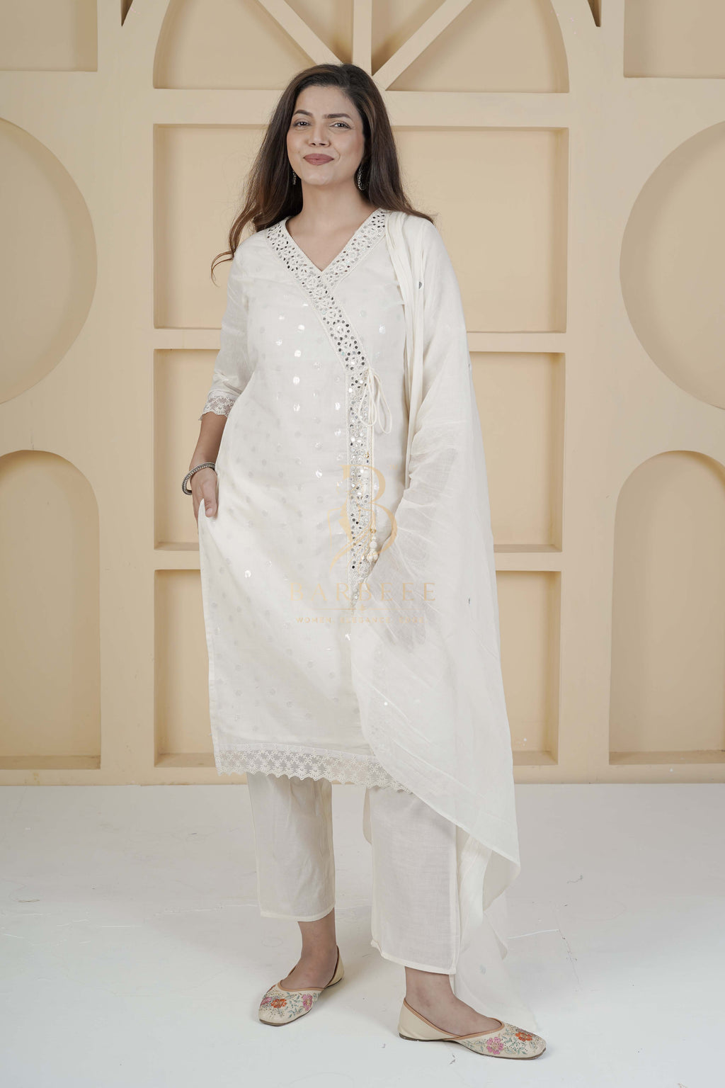 BARBEEE Embroidered, Embellished Kurta, Trouser/Pant & Dupatta Set - Mira (White)