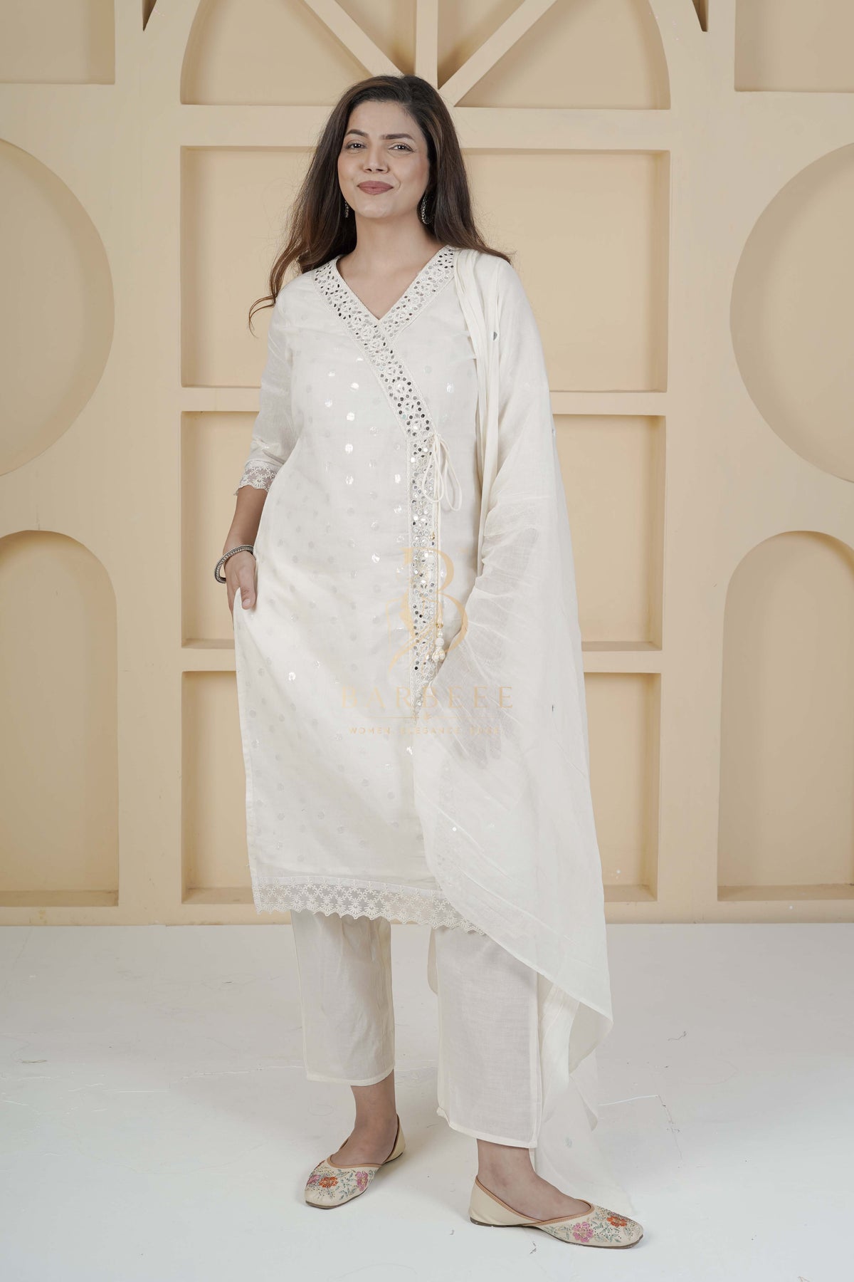 BARBEEE Embroidered, Embellished Kurta, Trouser/Pant & Dupatta Set - Mira (White)