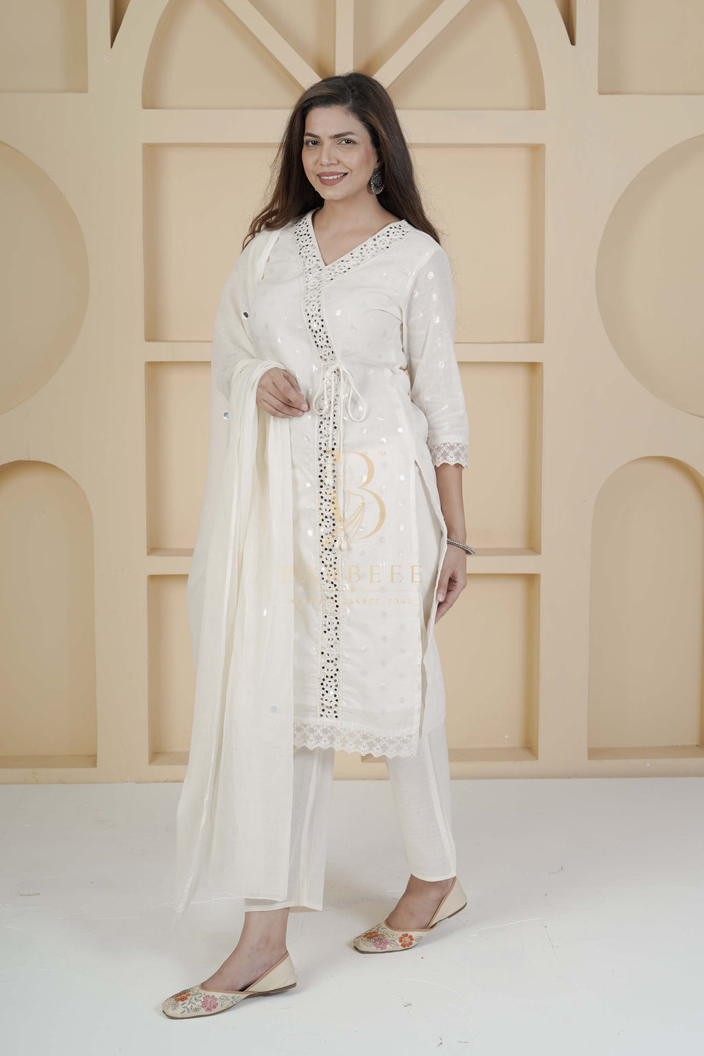 BARBEEE Embroidered, Embellished Kurta, Trouser/Pant & Dupatta Set - Mira (White)