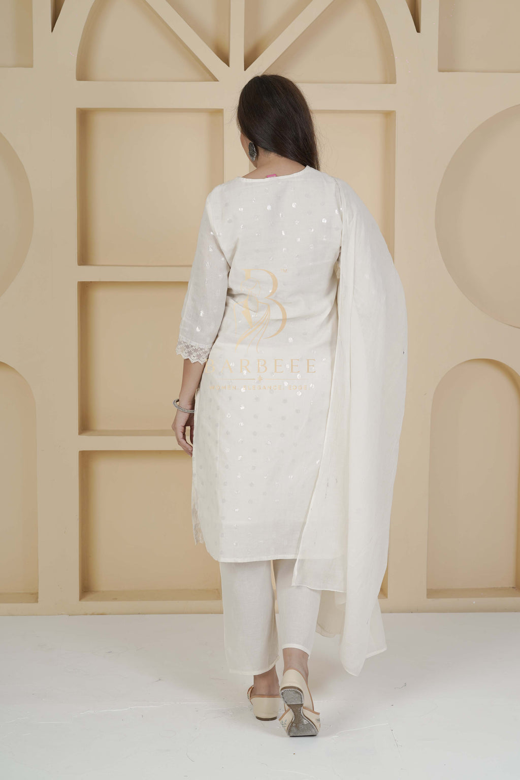 BARBEEE Embroidered, Embellished Kurta, Trouser/Pant & Dupatta Set - Mira (White)
