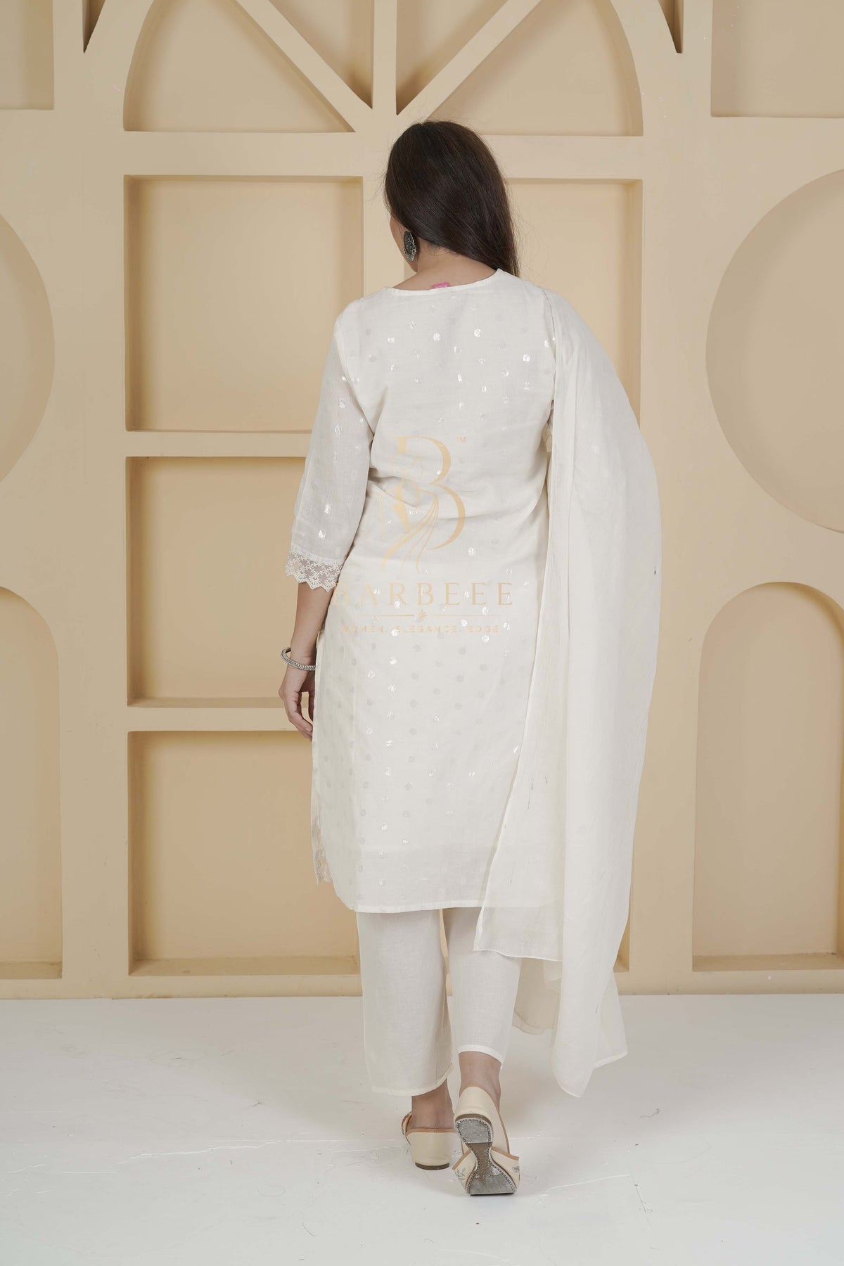 BARBEEE Embroidered, Embellished Kurta, Trouser/Pant & Dupatta Set - Mira (White)