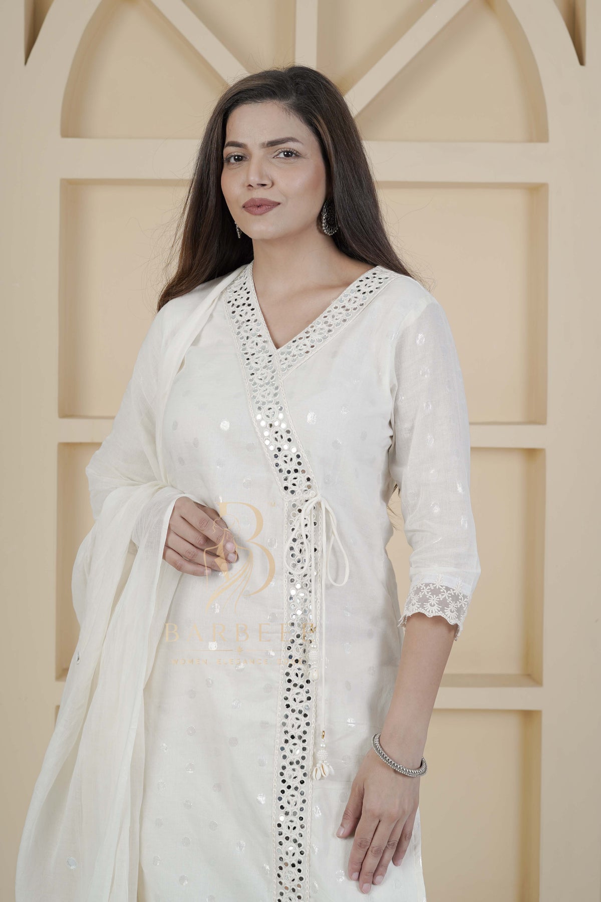 BARBEEE Embroidered, Embellished Kurta, Trouser/Pant & Dupatta Set - Mira (White)