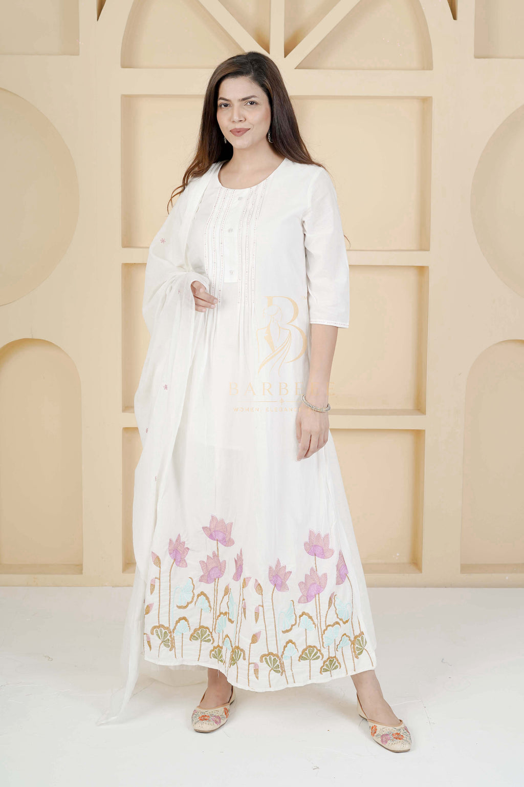 BARBEEE Floral Print, Embroidered, Printed Kurta, Trouser/Pant & Dupatta Set - Hiral (White)