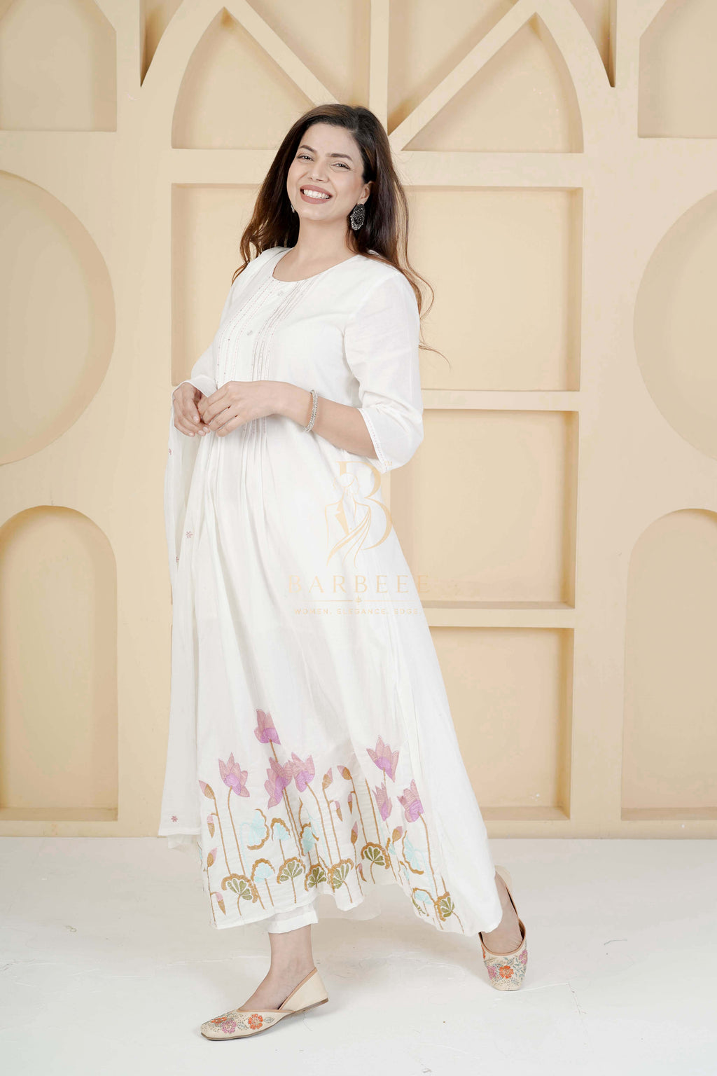 BARBEEE Floral Print, Embroidered, Printed Kurta, Trouser/Pant & Dupatta Set - Hiral (White)