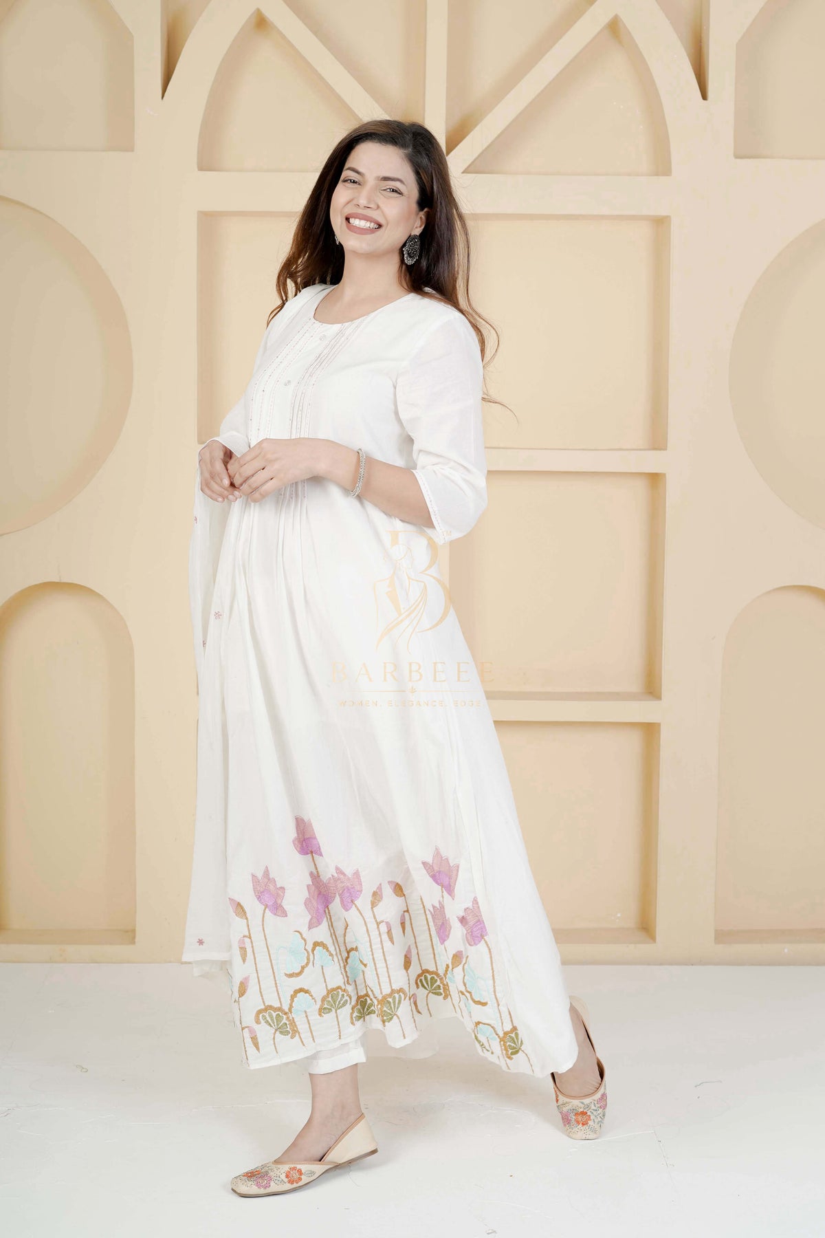 BARBEEE Floral Print, Embroidered, Printed Kurta, Trouser/Pant & Dupatta Set - Hiral (White)