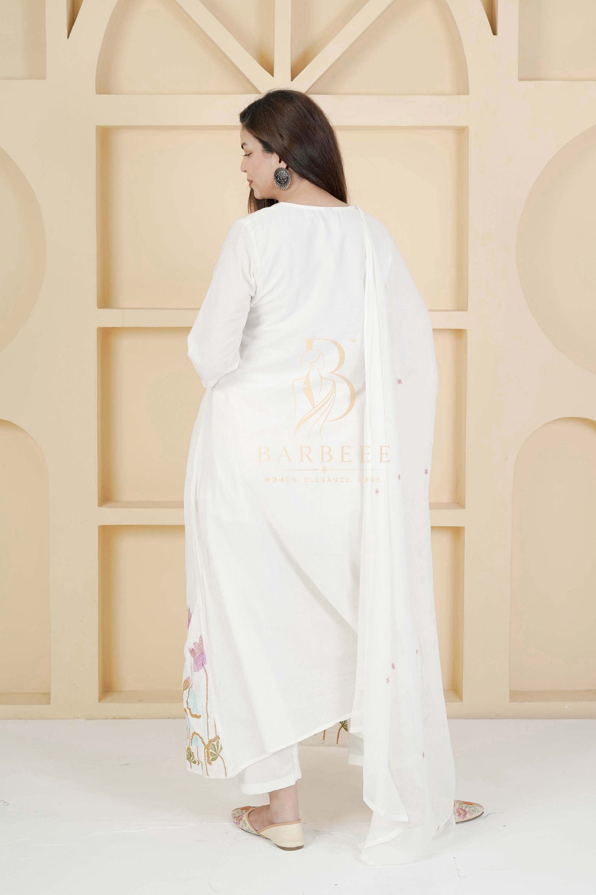 BARBEEE Floral Print, Embroidered, Printed Kurta, Trouser/Pant & Dupatta Set - Hiral (White)