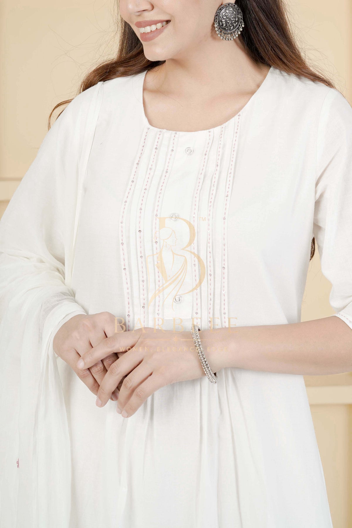 BARBEEE Floral Print, Embroidered, Printed Kurta, Trouser/Pant & Dupatta Set - Hiral (White)