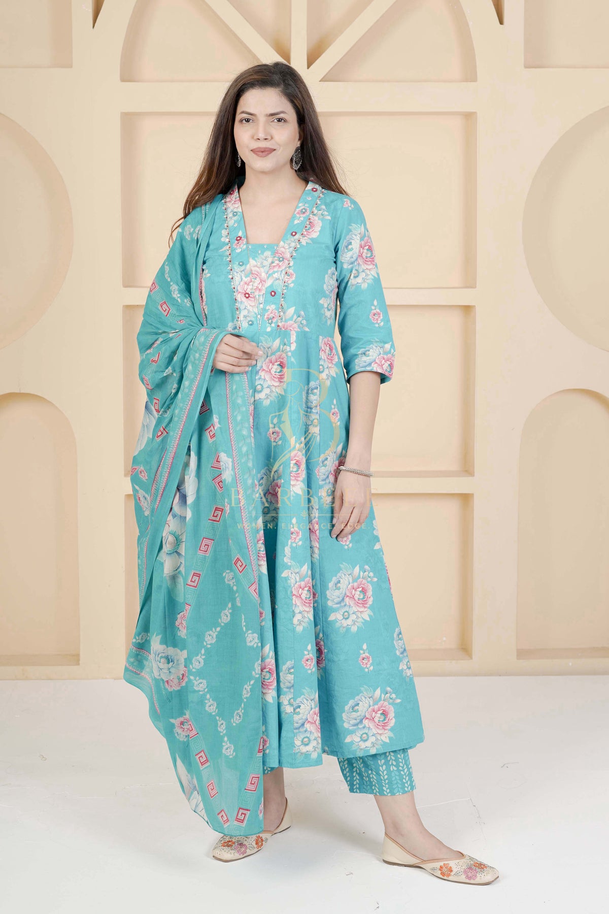BARBEEE Embroidered, Embellished, Floral Print Kurta, Trouser/Pant & Dupatta Set - Avani (Blue)