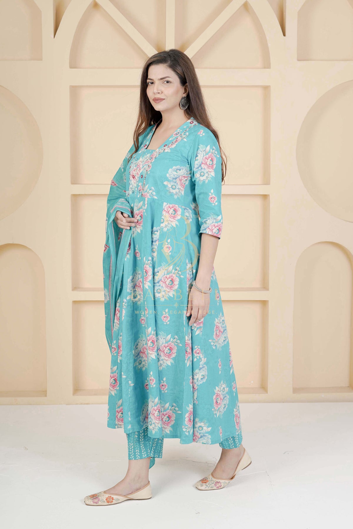 BARBEEE Embroidered, Embellished, Floral Print Kurta, Trouser/Pant & Dupatta Set - Avani (Blue)