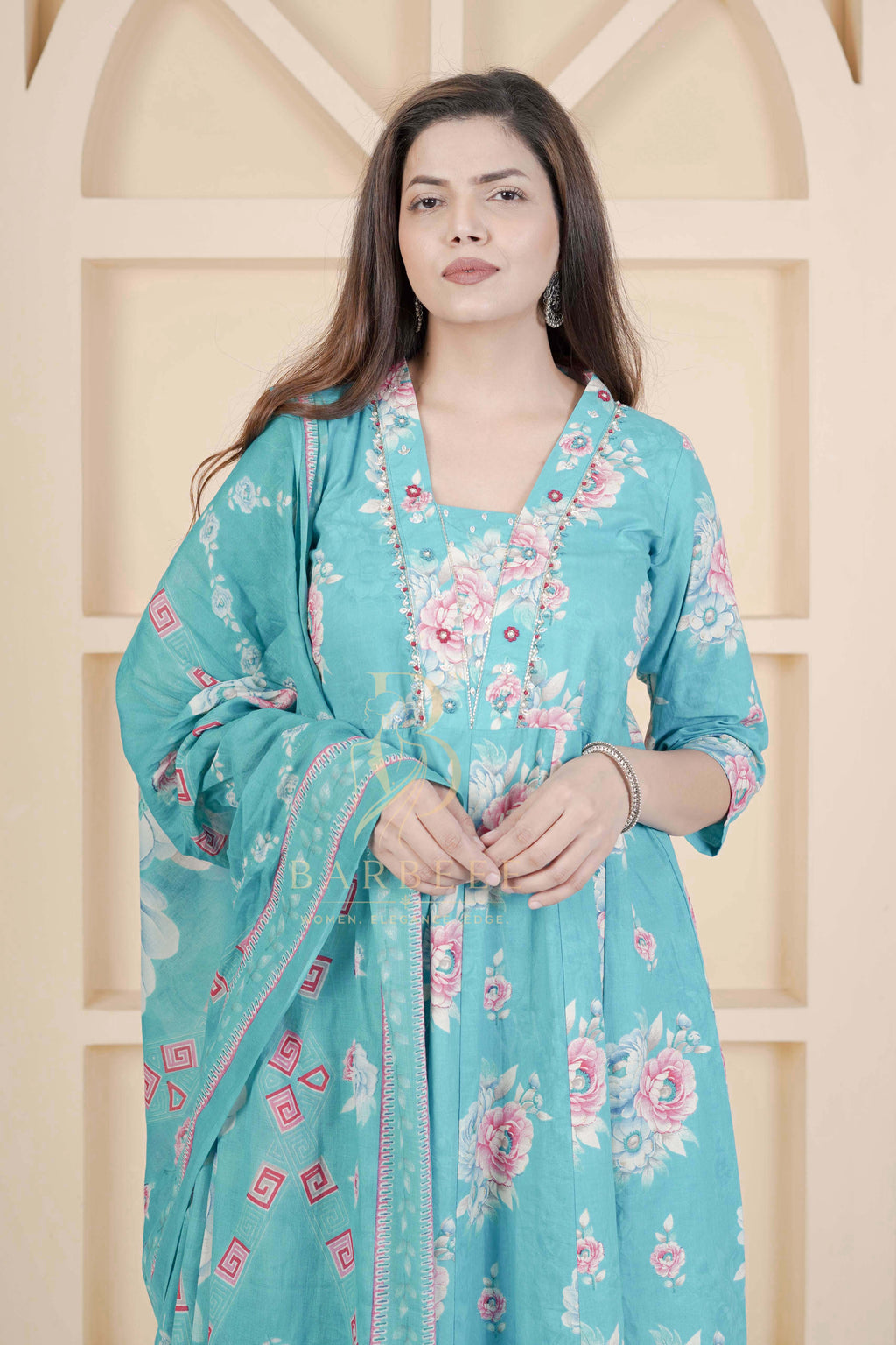 BARBEEE Embroidered, Embellished, Floral Print Kurta, Trouser/Pant & Dupatta Set - Avani (Blue)