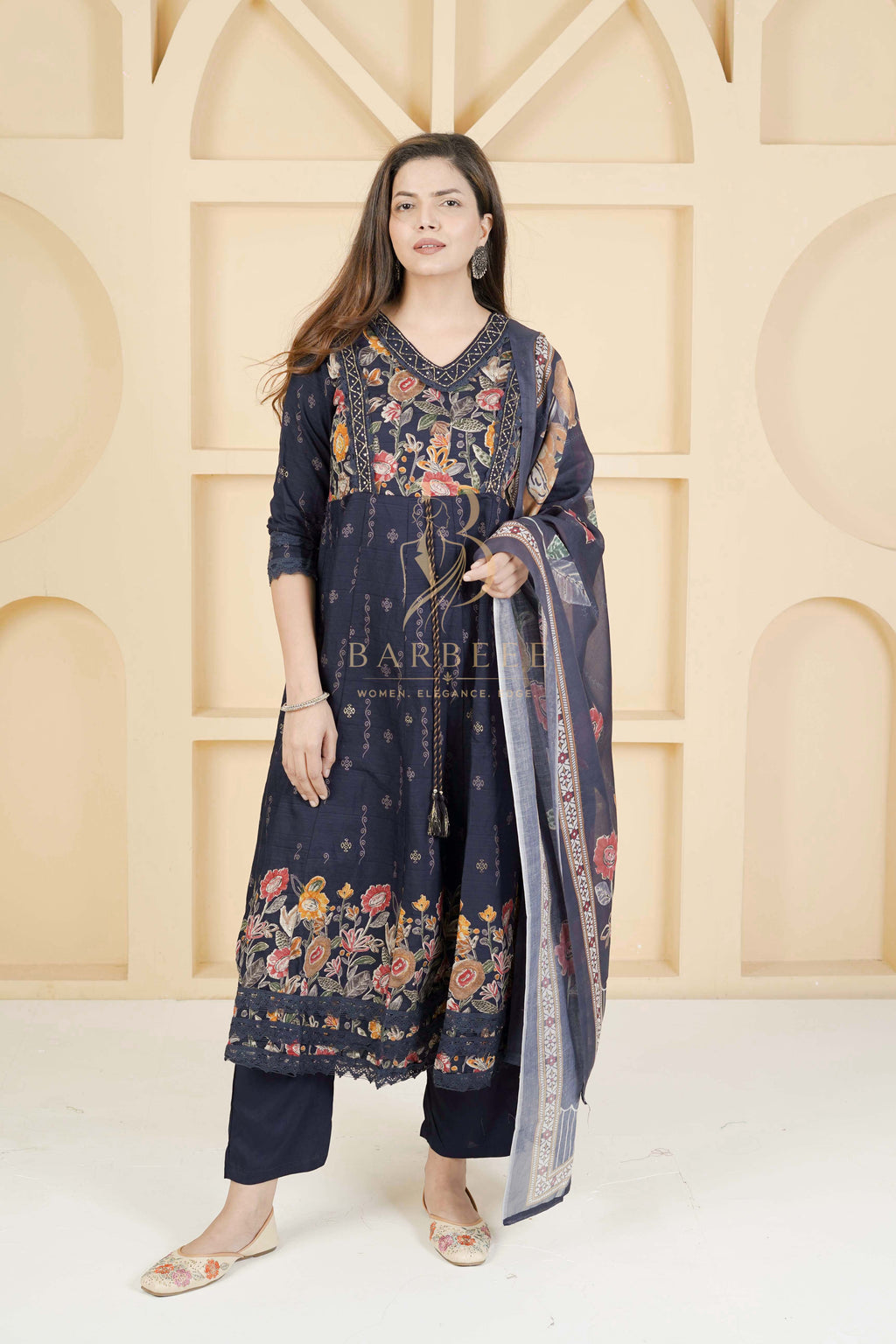 BARBEEE Embellished, Embroidered, Floral Print Kurta, Trouser/Pant & Dupatta Set - Vedika (Navy Blue)