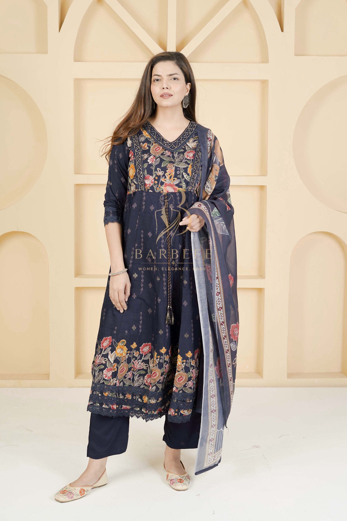BARBEEE Embellished, Embroidered, Floral Print Kurta, Trouser/Pant & Dupatta Set - Vedika (Navy Blue)