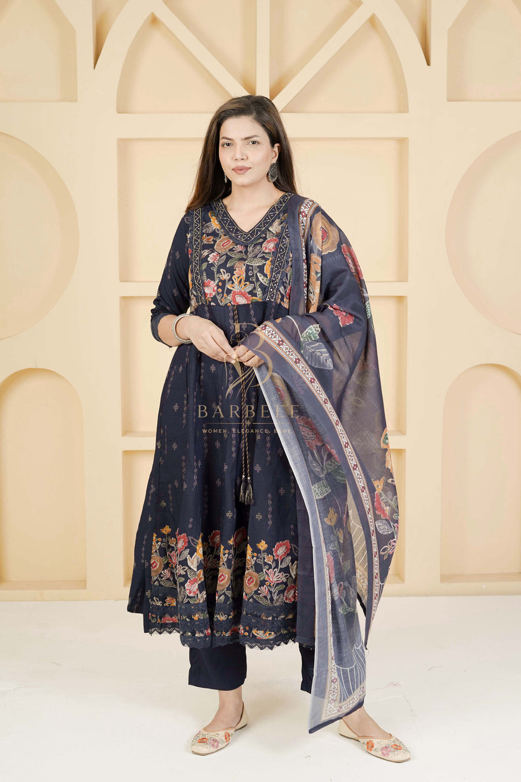 BARBEEE Embellished, Embroidered, Floral Print Kurta, Trouser/Pant & Dupatta Set - Vedika (Navy Blue)