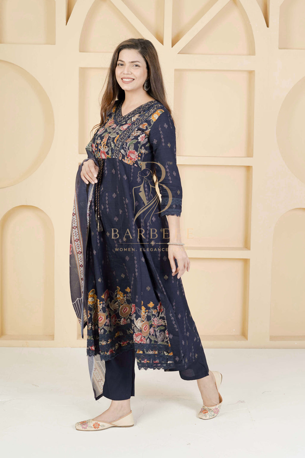 BARBEEE Embellished, Embroidered, Floral Print Kurta, Trouser/Pant & Dupatta Set - Vedika (Navy Blue)