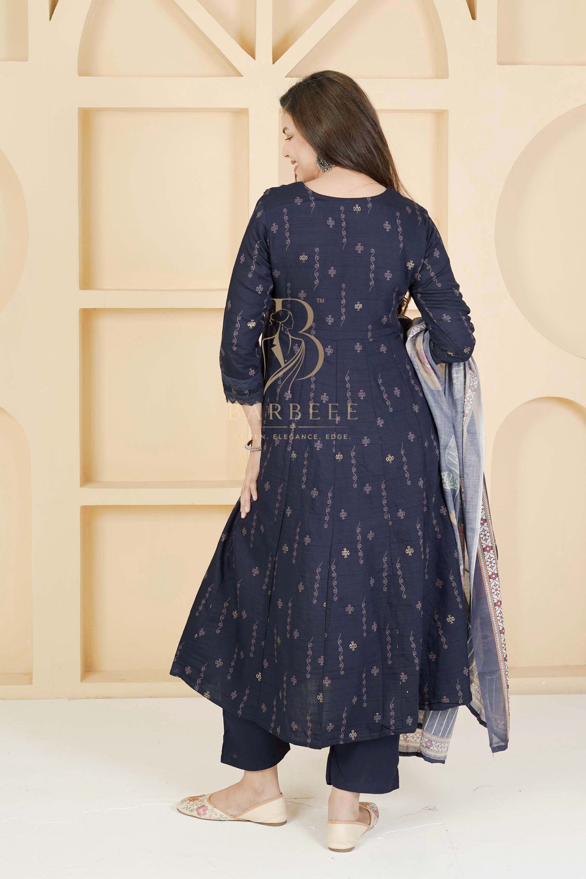 BARBEEE Embellished, Embroidered, Floral Print Kurta, Trouser/Pant & Dupatta Set - Vedika (Navy Blue)