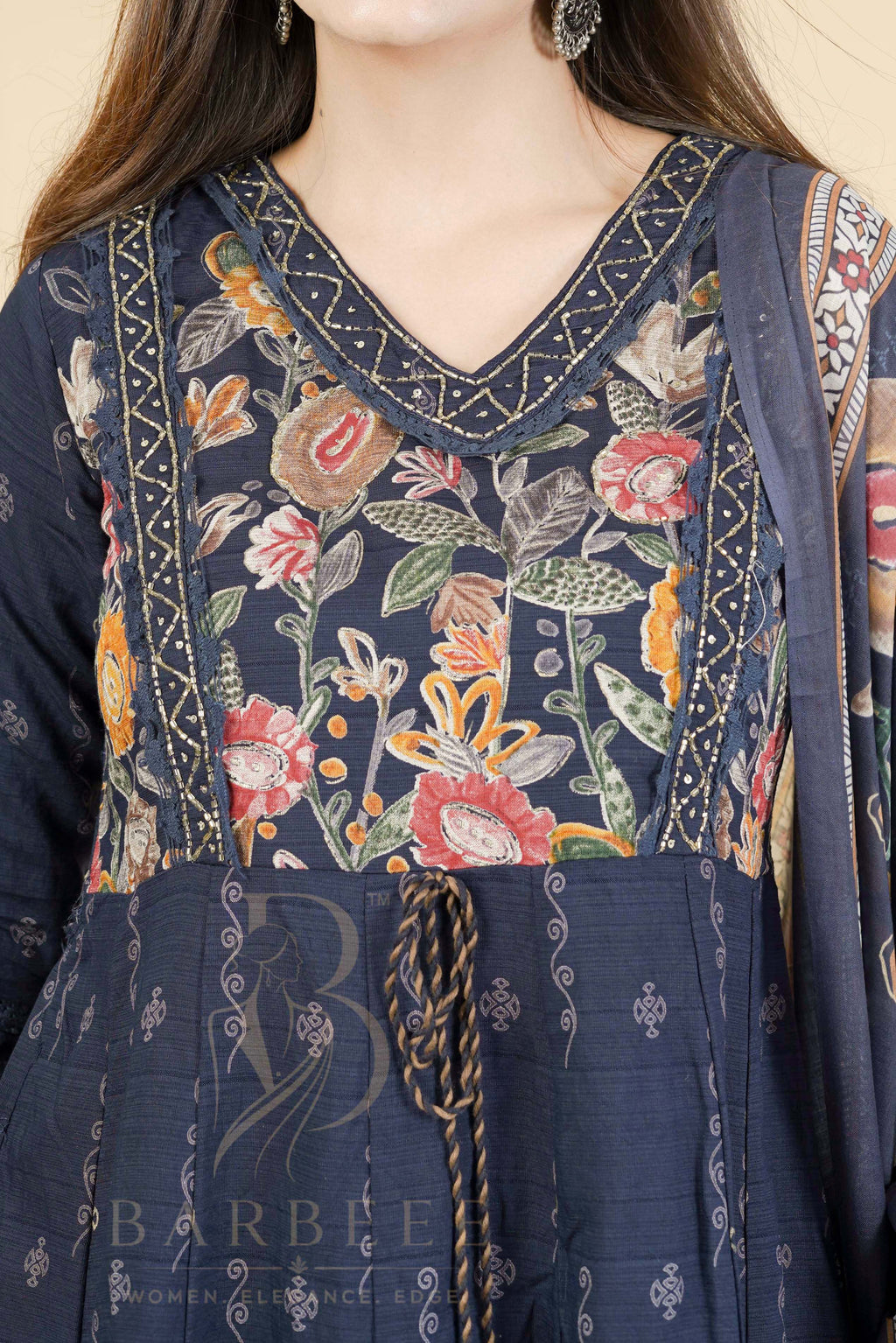 BARBEEE Embellished, Embroidered, Floral Print Kurta, Trouser/Pant & Dupatta Set - Vedika (Navy Blue)