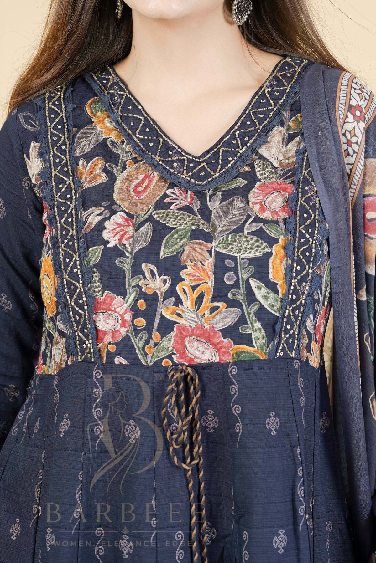 BARBEEE Embellished, Embroidered, Floral Print Kurta, Trouser/Pant & Dupatta Set - Vedika (Navy Blue)