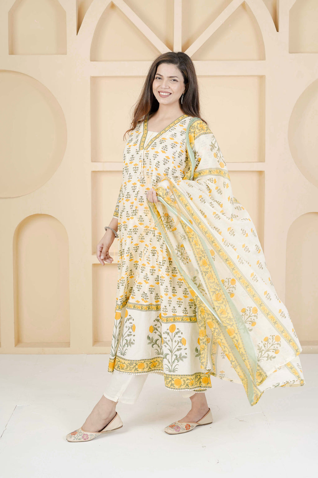 BARBEEE Embroidered, Floral Print, Printed Kurta, Trouser/Pant & Dupatta Set - Kanak (White & Yellow)
