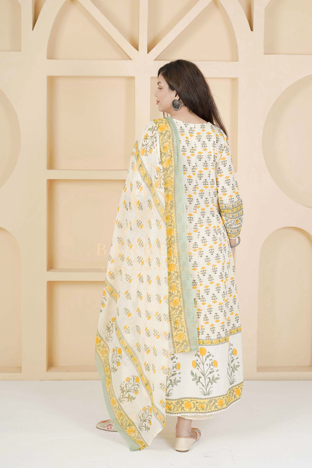 BARBEEE Embroidered, Floral Print, Printed Kurta, Trouser/Pant & Dupatta Set - Kanak (White & Yellow)