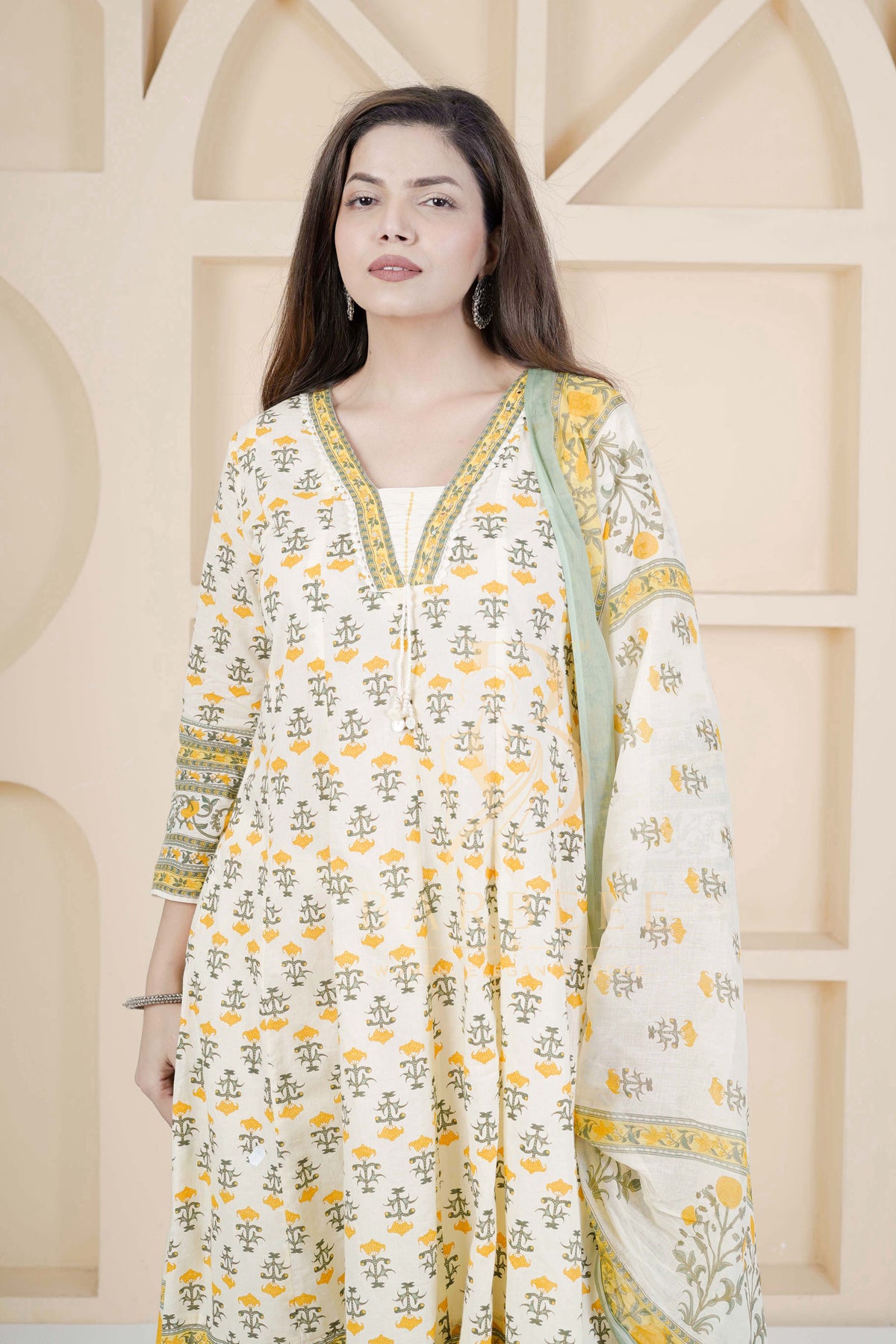 BARBEEE Embroidered, Floral Print, Printed Kurta, Trouser/Pant & Dupatta Set - Kanak (White & Yellow)