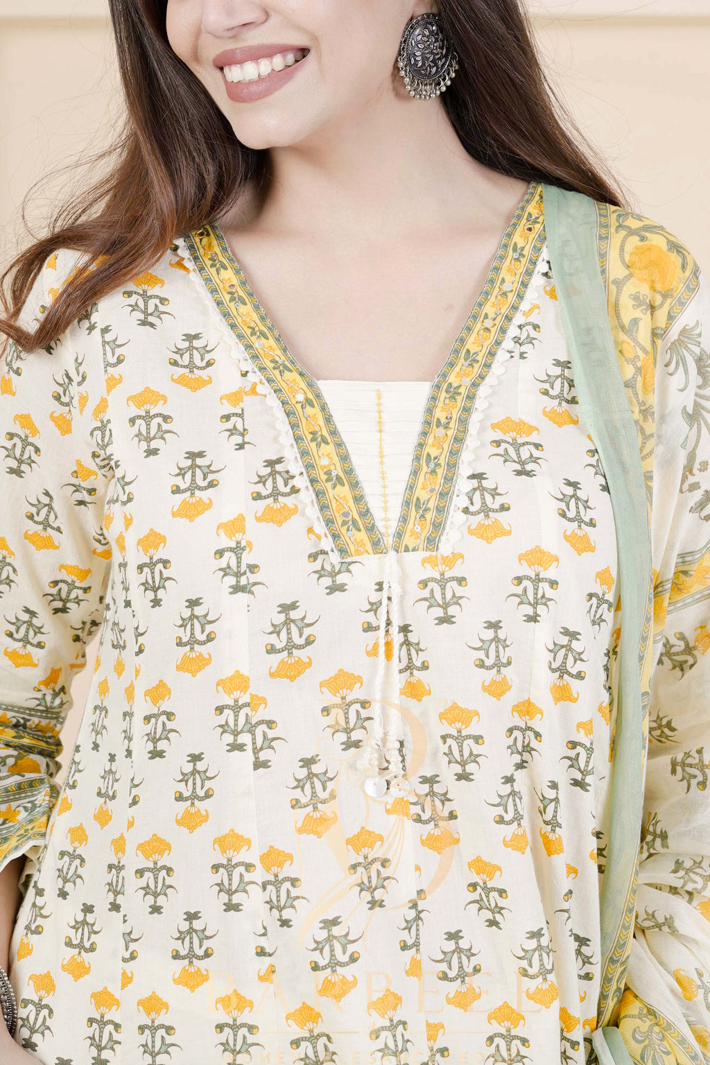 BARBEEE Embroidered, Floral Print, Printed Kurta, Trouser/Pant & Dupatta Set - Kanak (White & Yellow)