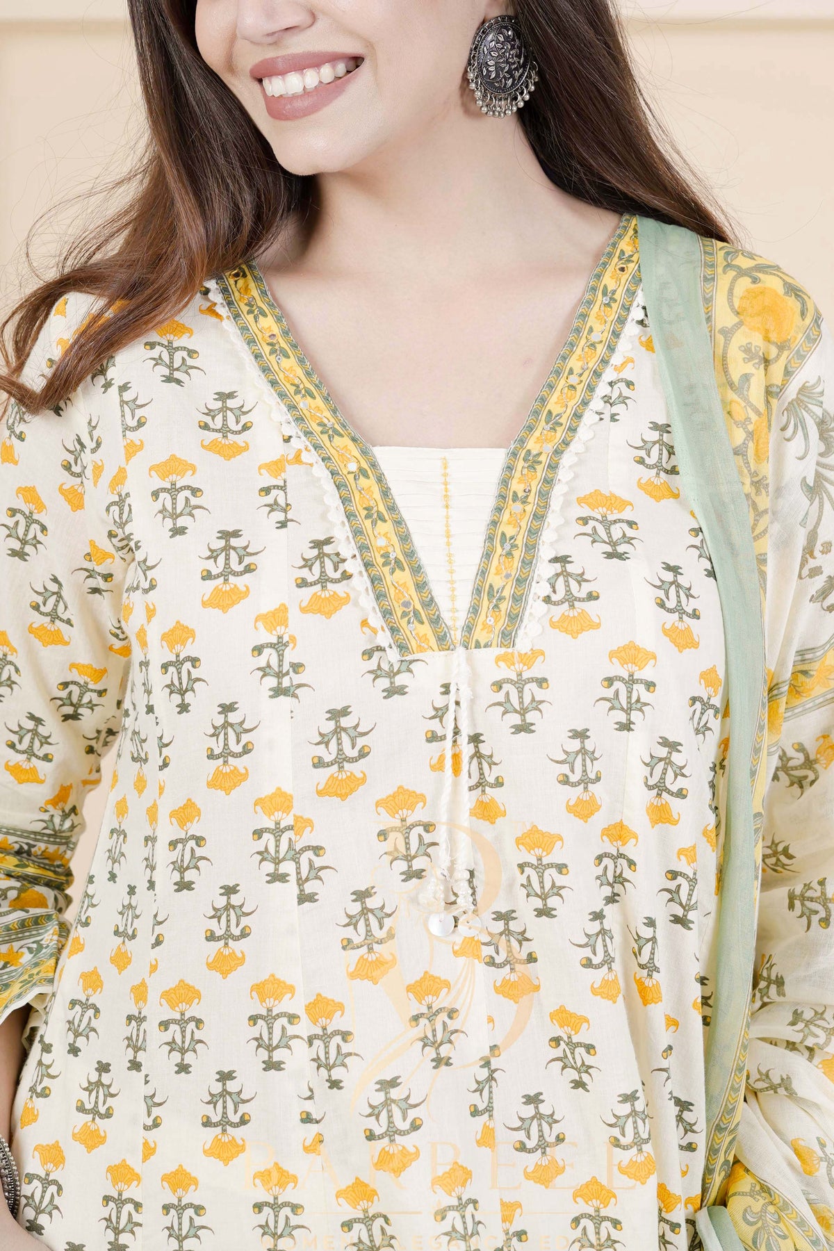 BARBEEE Embroidered, Floral Print, Printed Kurta, Trouser/Pant & Dupatta Set - Kanak (White & Yellow)