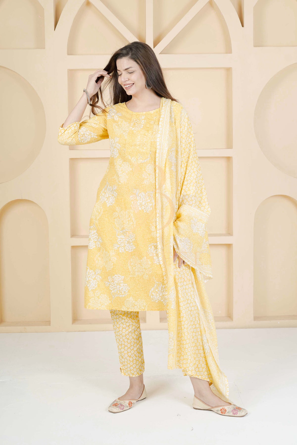 BARBEEE Embroidered, Floral Print Kurta, Trouser/Pant & Dupatta Set - Kuhu (Yellow)