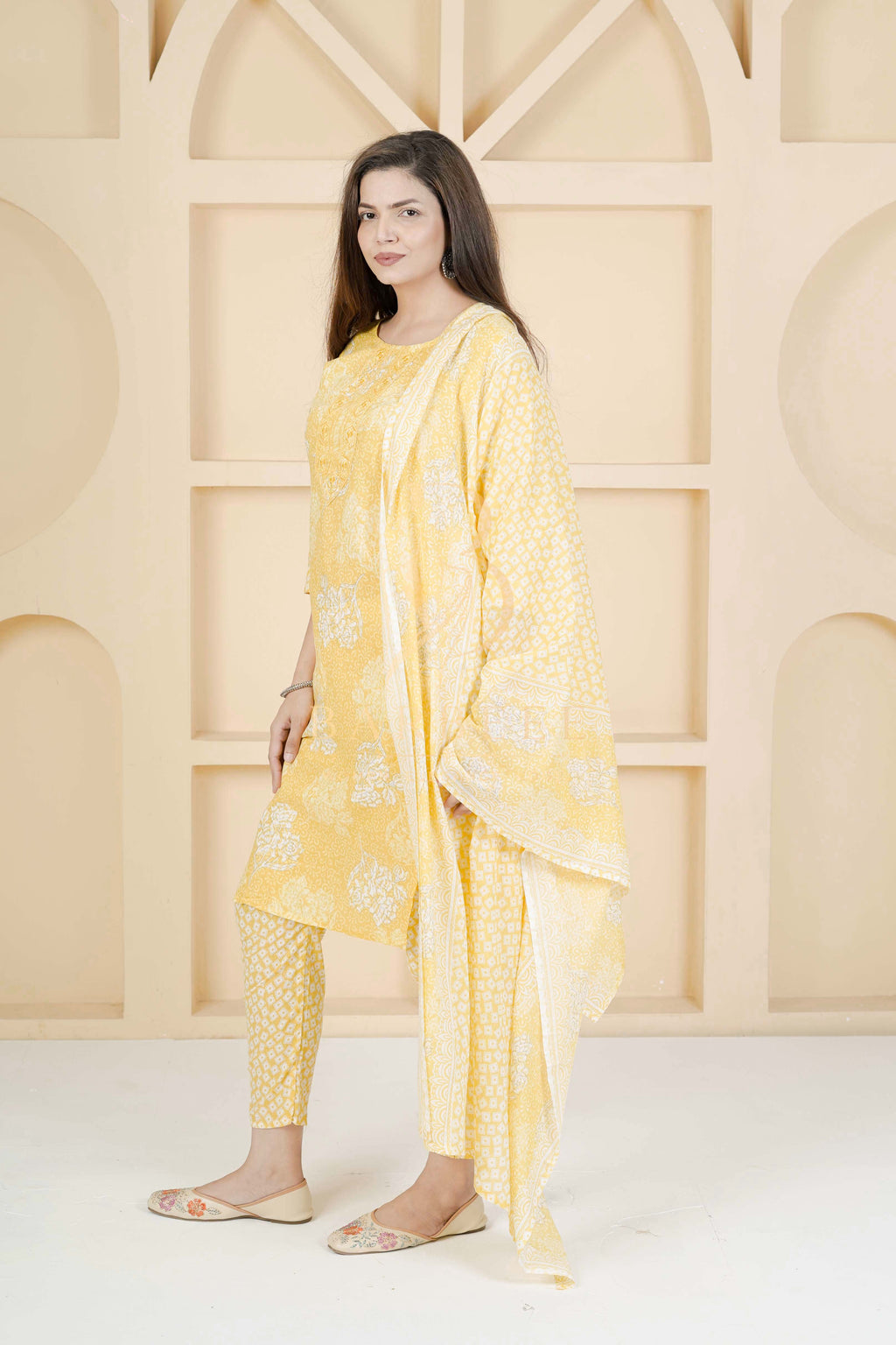 BARBEEE Embroidered, Floral Print Kurta, Trouser/Pant & Dupatta Set - Kuhu (Yellow)