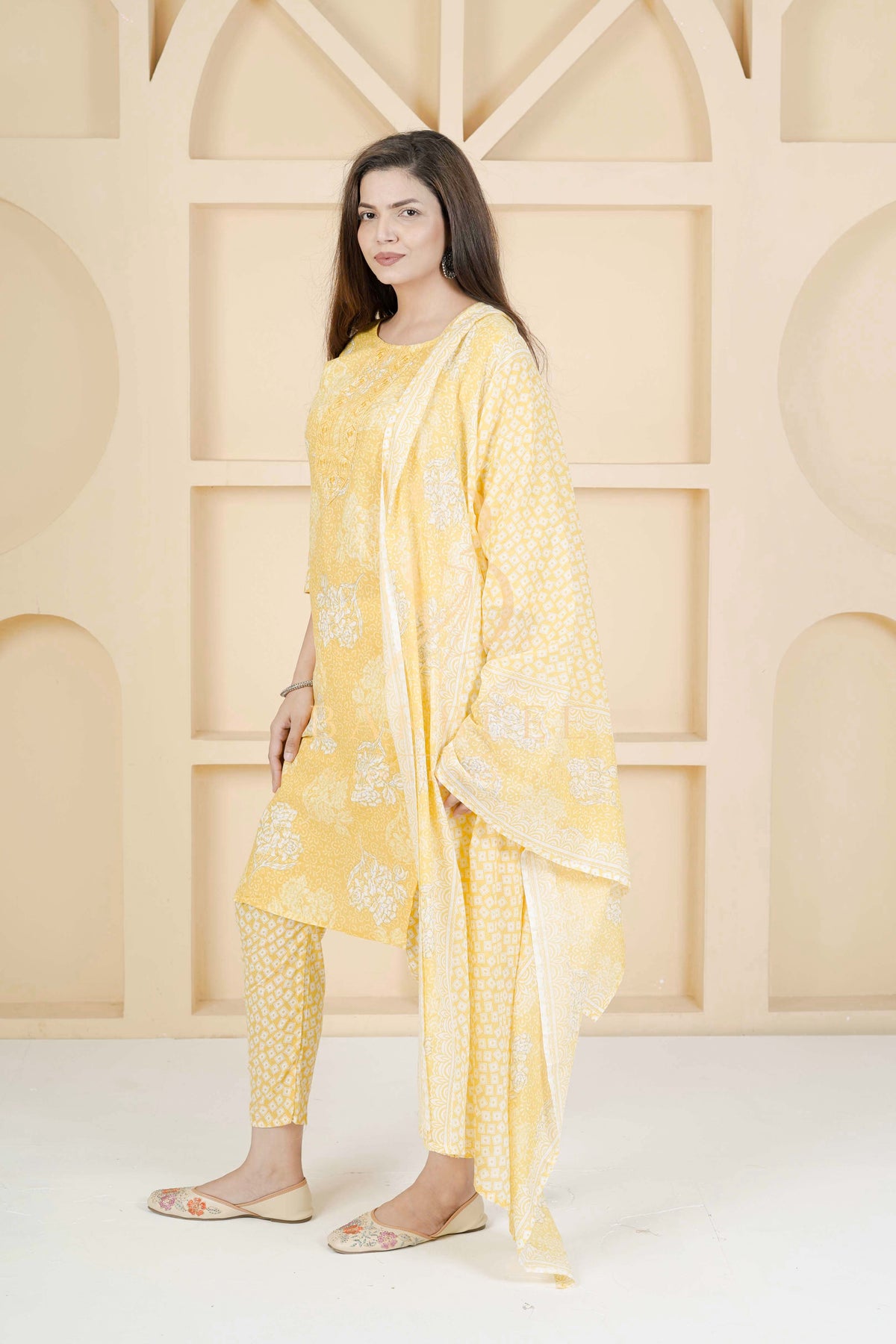 BARBEEE Embroidered, Floral Print Kurta, Trouser/Pant & Dupatta Set - Kuhu (Yellow)