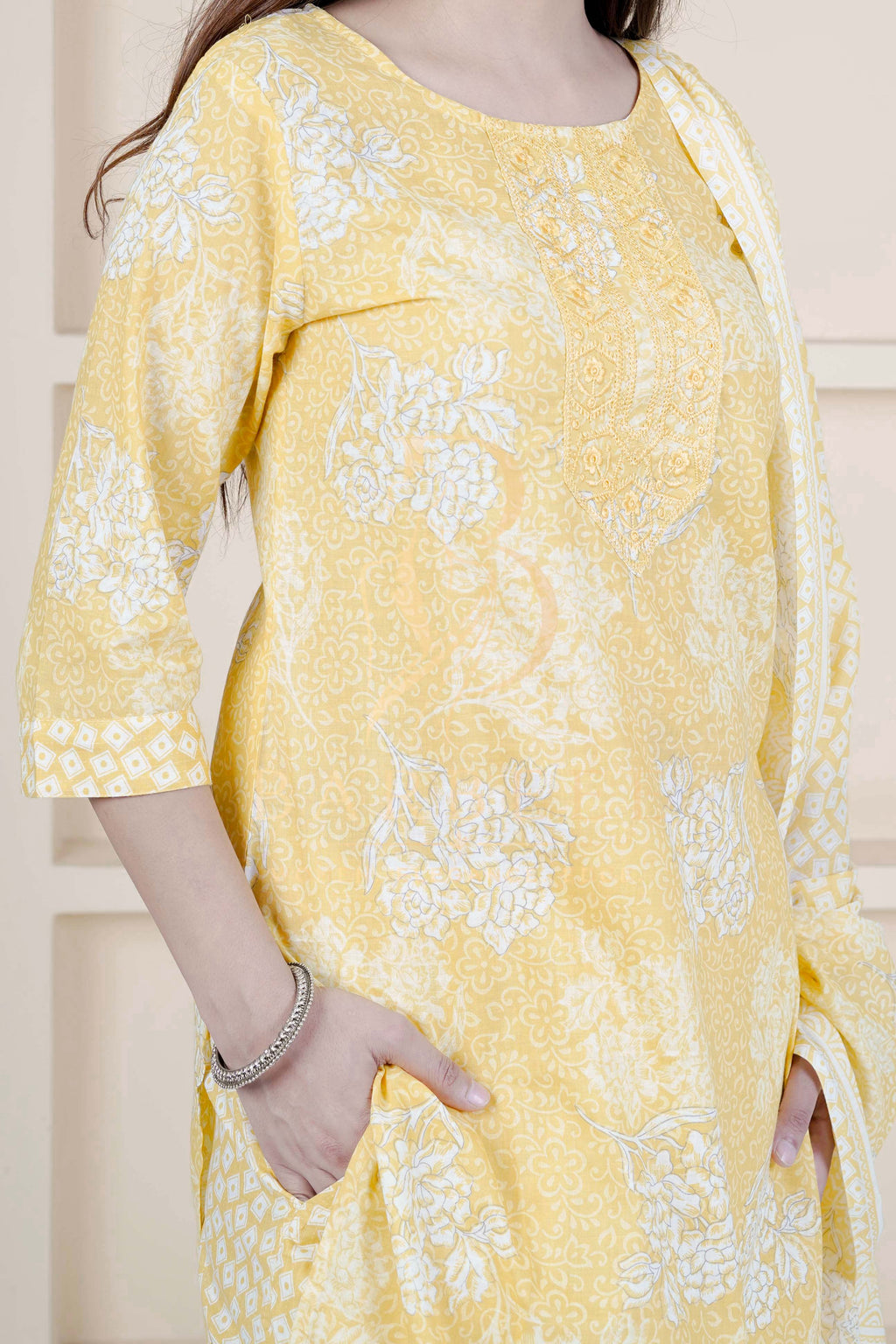 BARBEEE Embroidered, Floral Print Kurta, Trouser/Pant & Dupatta Set - Kuhu (Yellow)