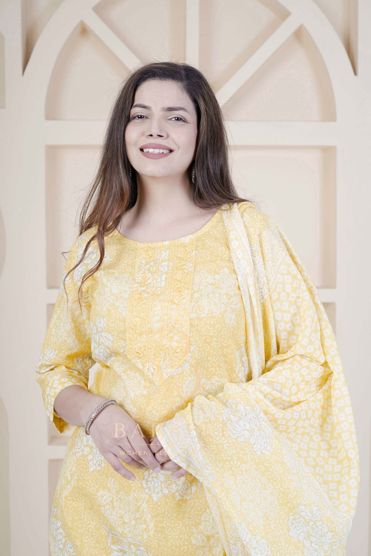 BARBEEE Embroidered, Floral Print Kurta, Trouser/Pant & Dupatta Set - Kuhu (Yellow)