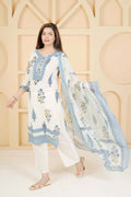 BARBEEE Embroidered, Floral Print, Printed Kurta, Trouser/Pant & Dupatta Set - Saumya (White & Blue)