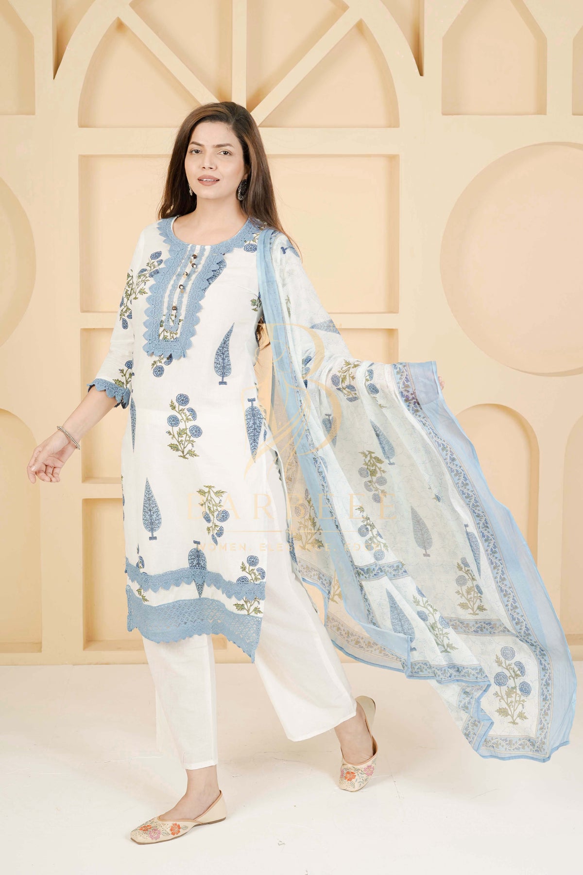 BARBEEE Embroidered, Floral Print, Printed Kurta, Trouser/Pant & Dupatta Set - Saumya (White & Blue)