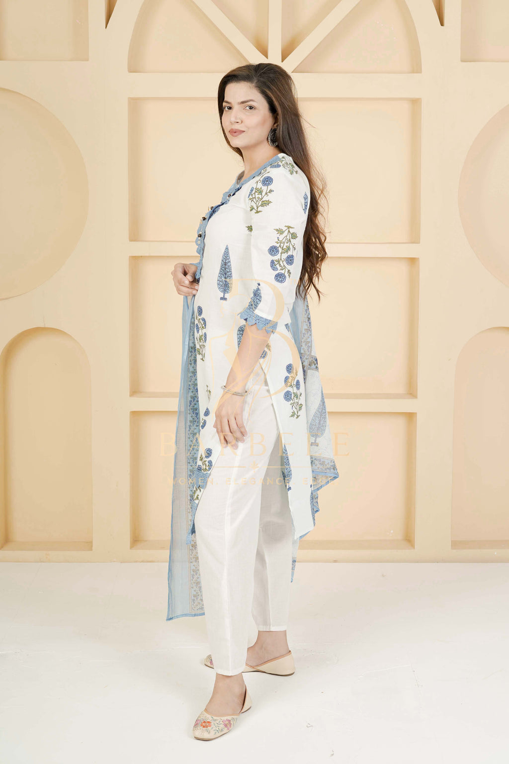 BARBEEE Embroidered, Floral Print, Printed Kurta, Trouser/Pant & Dupatta Set - Saumya (White & Blue)