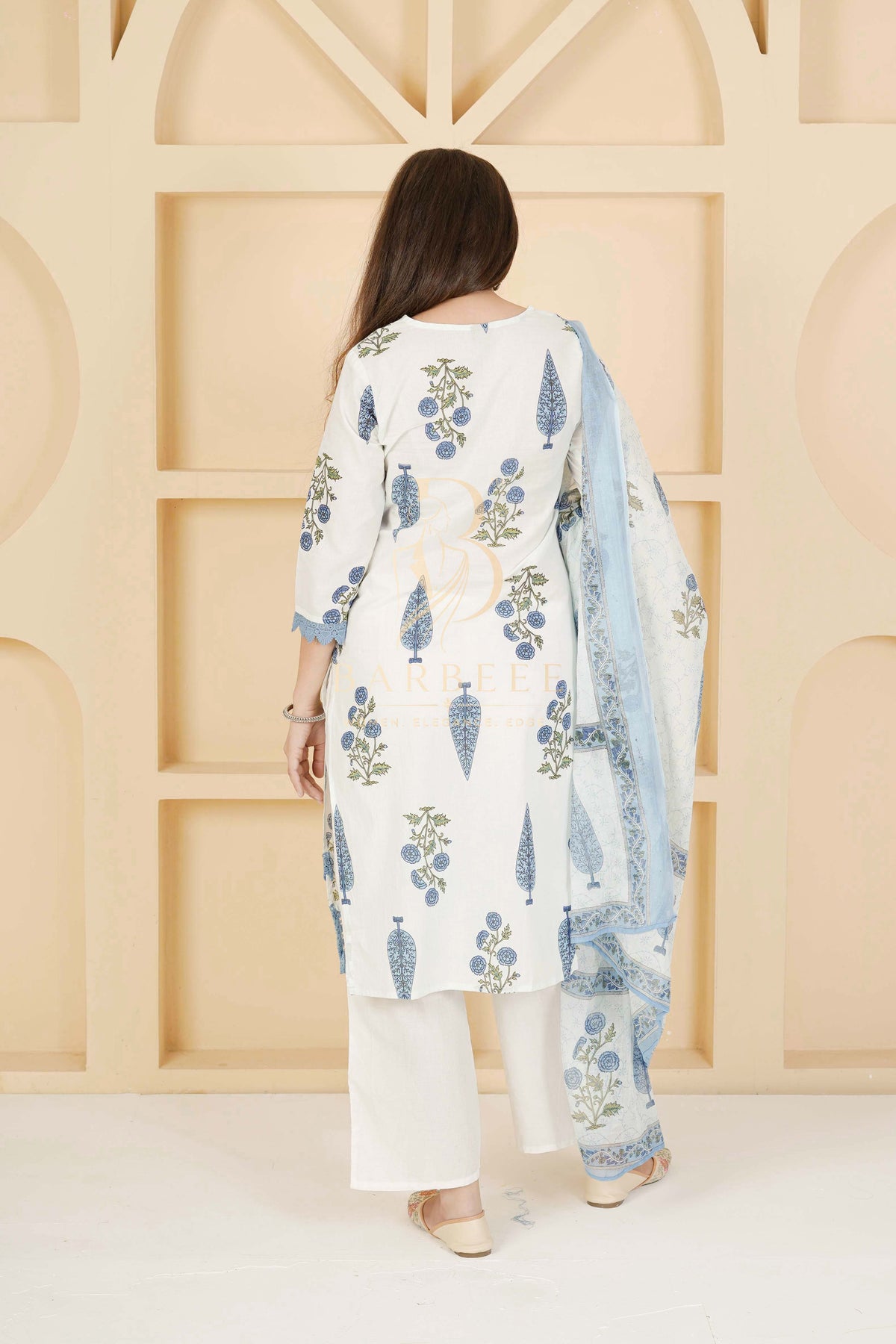 BARBEEE Embroidered, Floral Print, Printed Kurta, Trouser/Pant & Dupatta Set - Saumya (White & Blue)