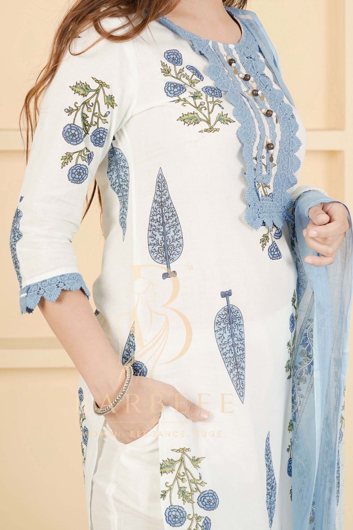 BARBEEE Embroidered, Floral Print, Printed Kurta, Trouser/Pant & Dupatta Set - Saumya (White & Blue)