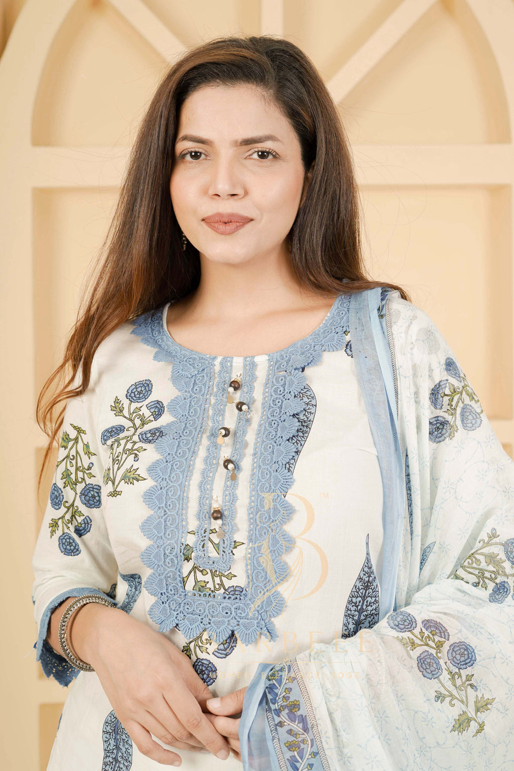 BARBEEE Embroidered, Floral Print, Printed Kurta, Trouser/Pant & Dupatta Set - Saumya (White & Blue)