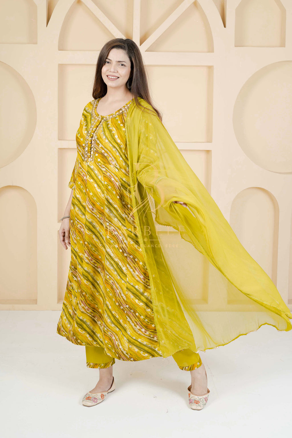BARBEEE Embroidered, Floral Print Kurta, Trouser/Pant & Dupatta Set - Smita (Yellow)