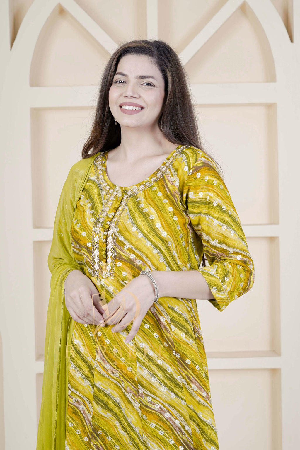 BARBEEE Embroidered, Floral Print Kurta, Trouser/Pant & Dupatta Set - Smita (Yellow)