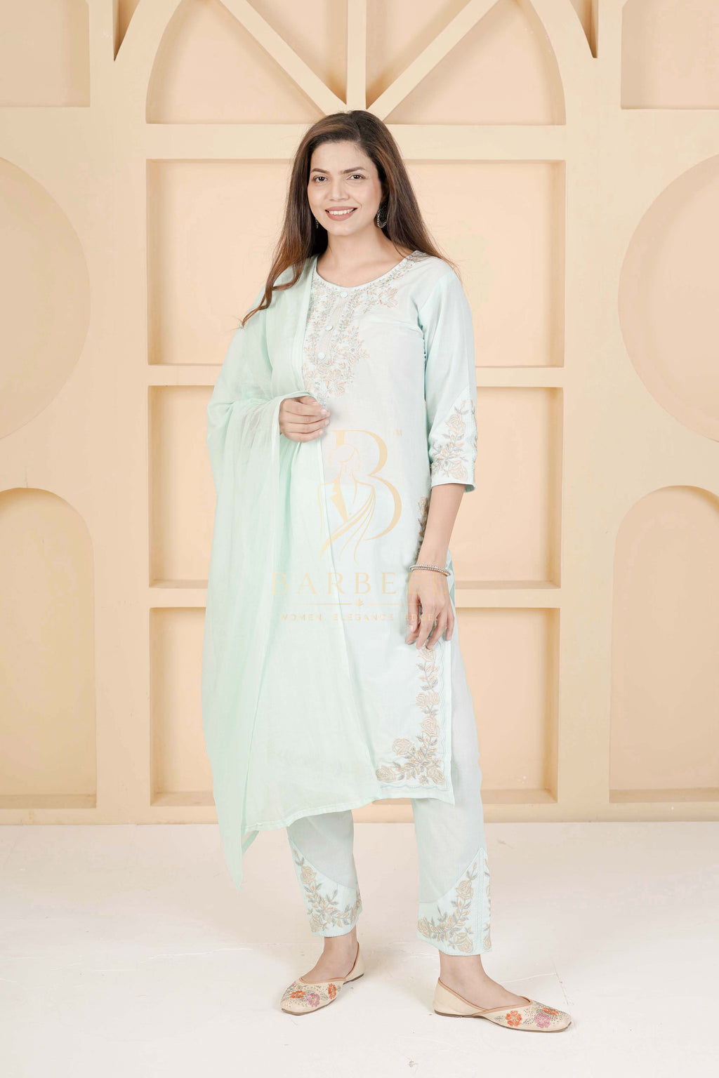 BARBEEE Embroidered, Floral Print Kurta, Trouser/Pant & Dupatta Set - Viya (Mint Green)
