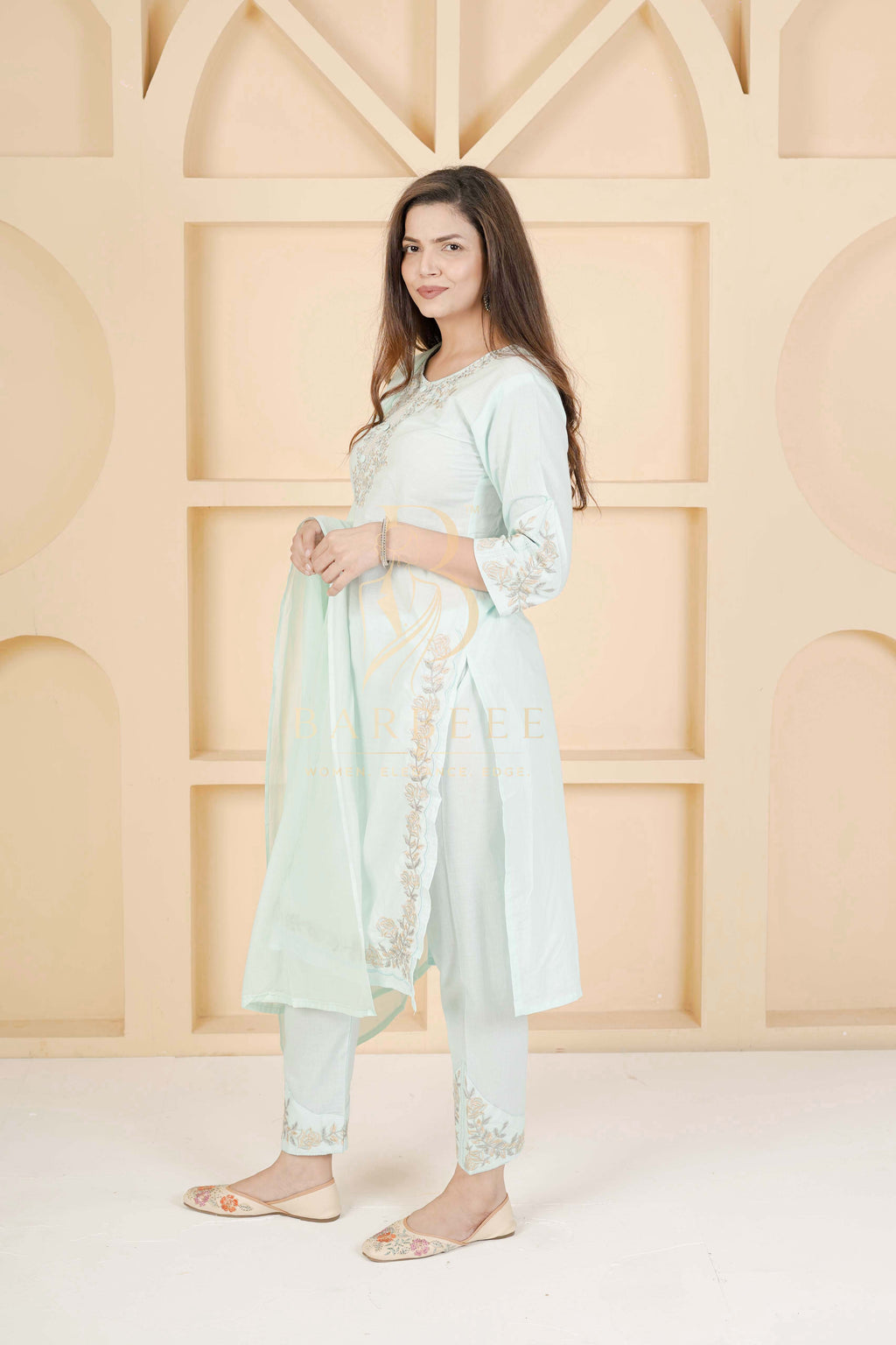 BARBEEE Embroidered, Floral Print Kurta, Trouser/Pant & Dupatta Set - Viya (Mint Green)