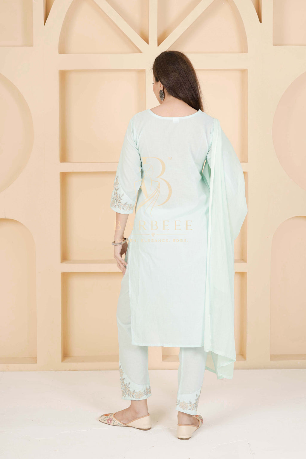 BARBEEE Embroidered, Floral Print Kurta, Trouser/Pant & Dupatta Set - Viya (Mint Green)