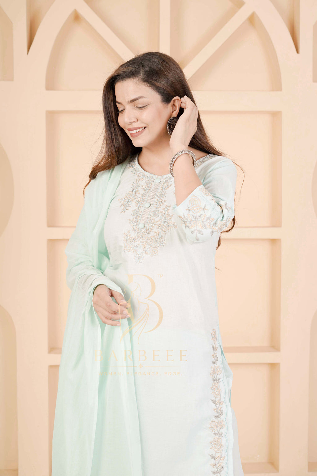 BARBEEE Embroidered, Floral Print Kurta, Trouser/Pant & Dupatta Set - Viya (Mint Green)