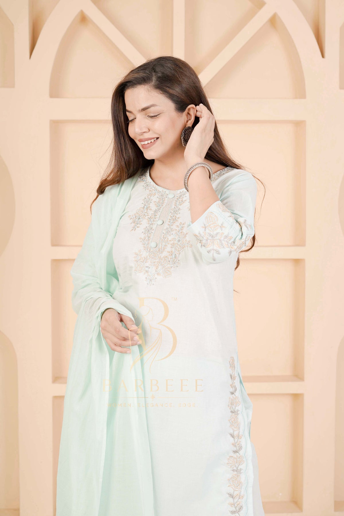 BARBEEE Embroidered, Floral Print Kurta, Trouser/Pant & Dupatta Set - Viya (Mint Green)