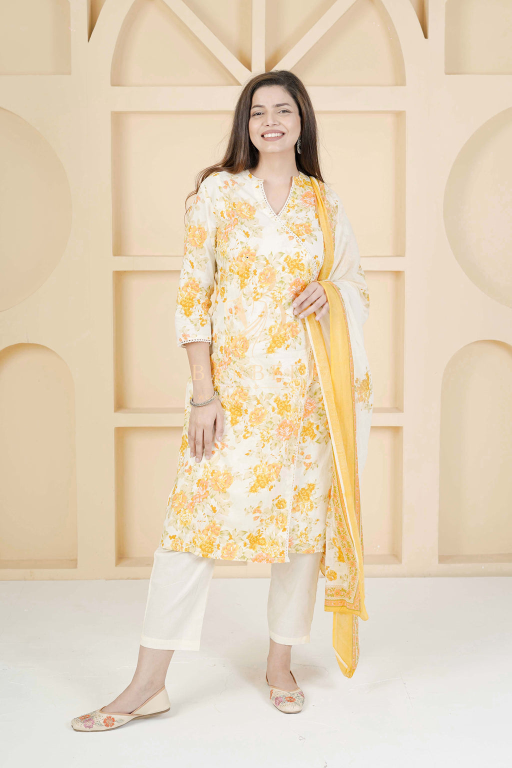BARBEEE Embellished, Embroidered, Floral Print Kurta, Trouser/Pant & Dupatta Set - Yamini (White & Yellow)
