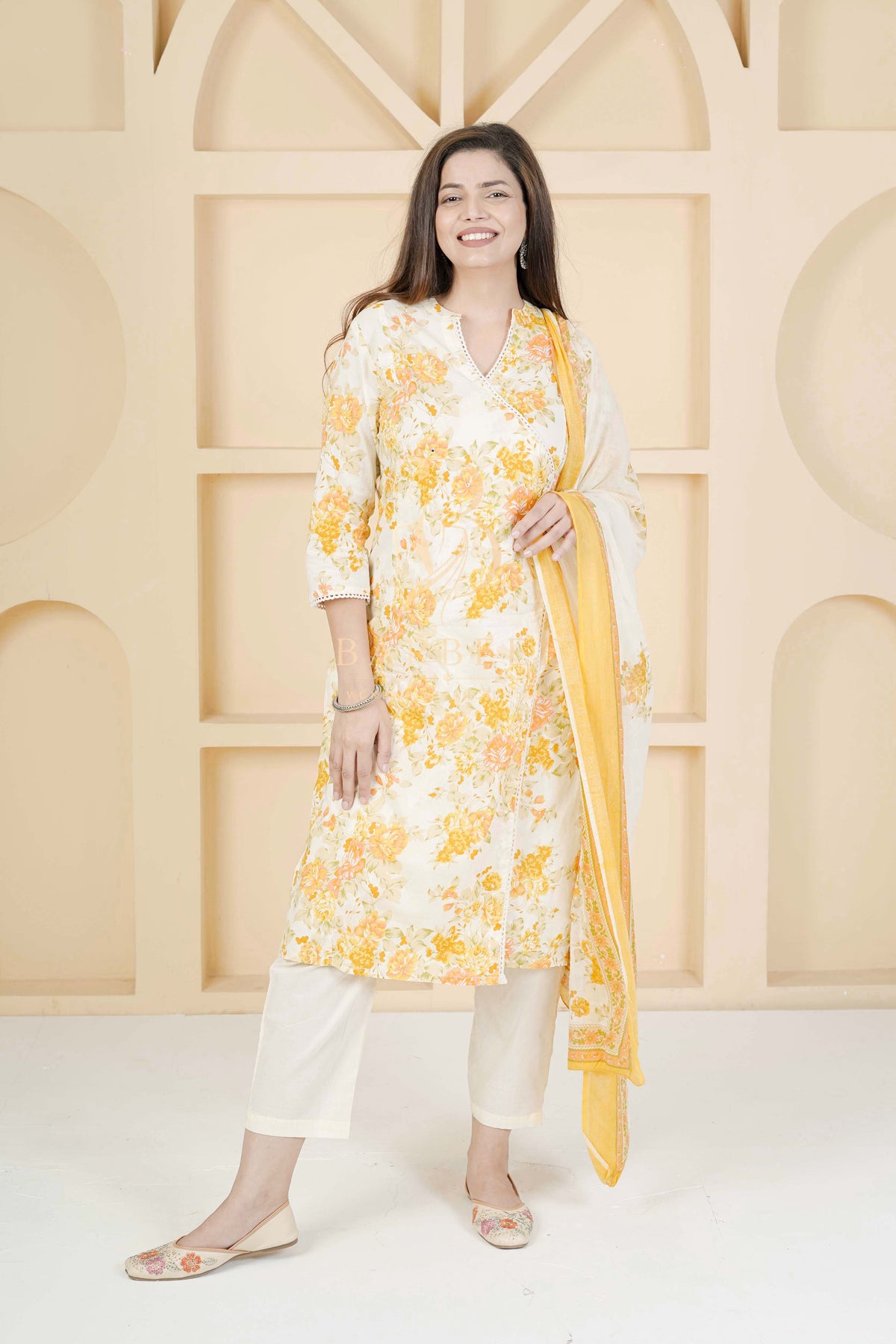BARBEEE Embellished, Embroidered, Floral Print Kurta, Trouser/Pant & Dupatta Set - Yamini (White & Yellow)