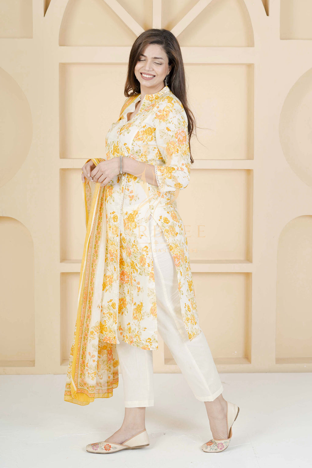 BARBEEE Embellished, Embroidered, Floral Print Kurta, Trouser/Pant & Dupatta Set - Yamini (White & Yellow)