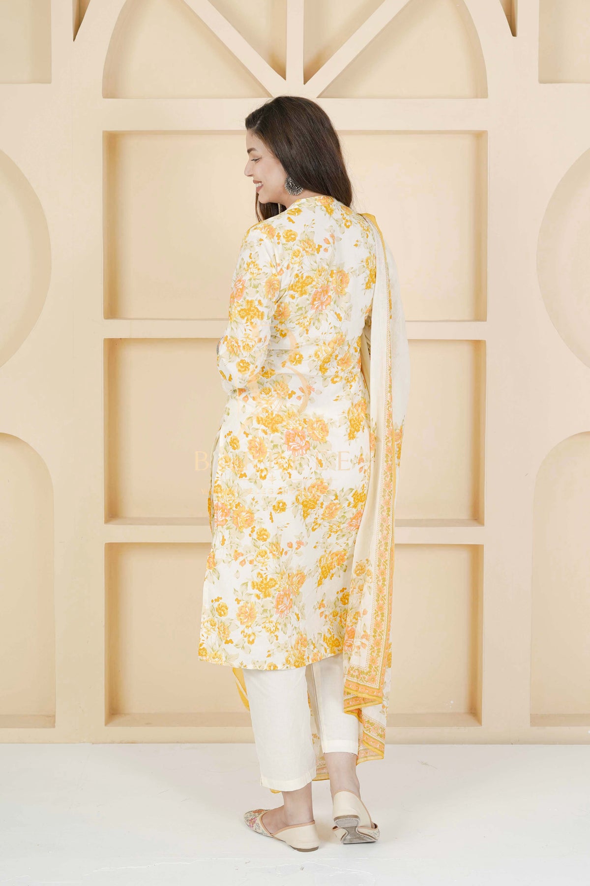 BARBEEE Embellished, Embroidered, Floral Print Kurta, Trouser/Pant & Dupatta Set - Yamini (White & Yellow)