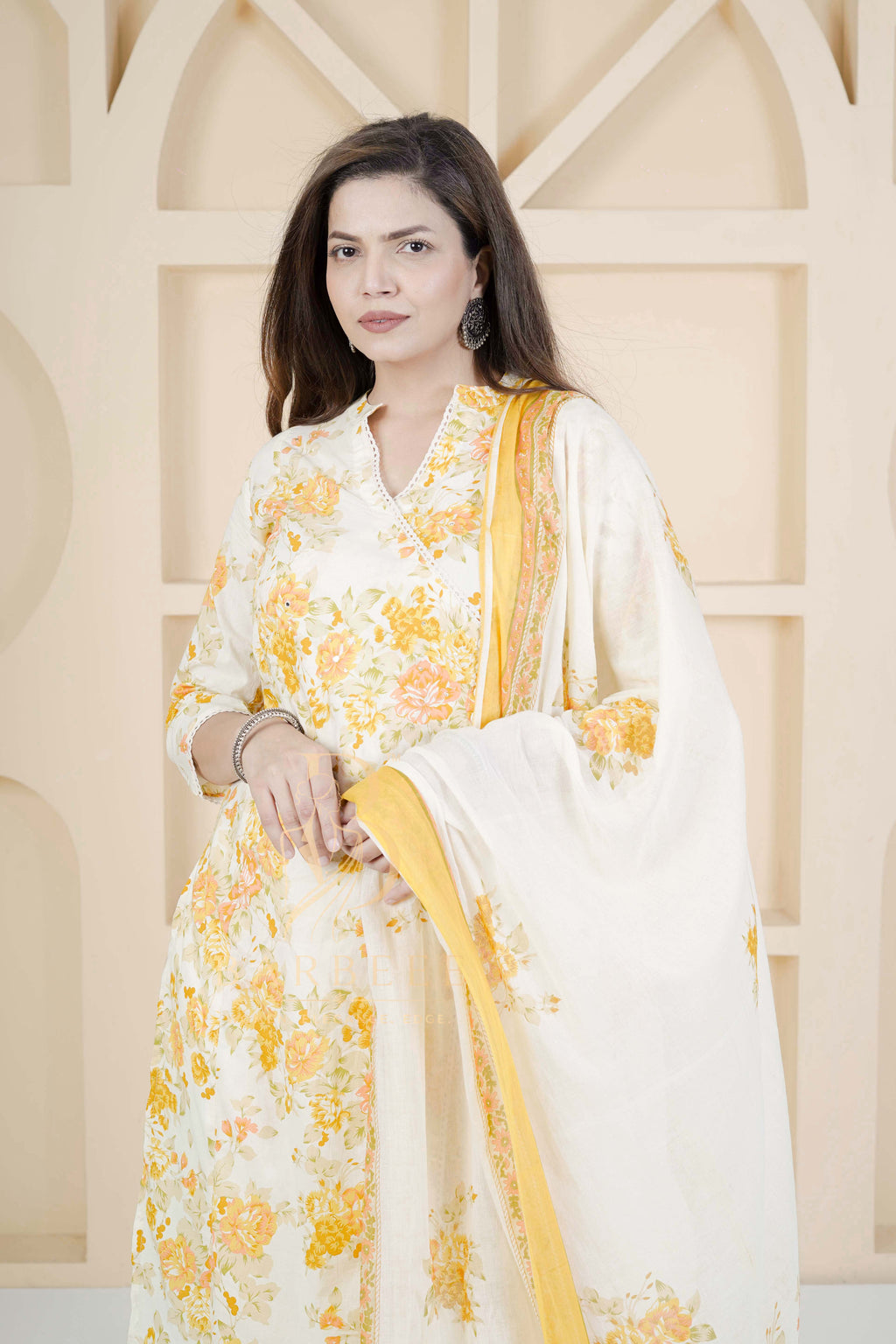 BARBEEE Embellished, Embroidered, Floral Print Kurta, Trouser/Pant & Dupatta Set - Yamini (White & Yellow)