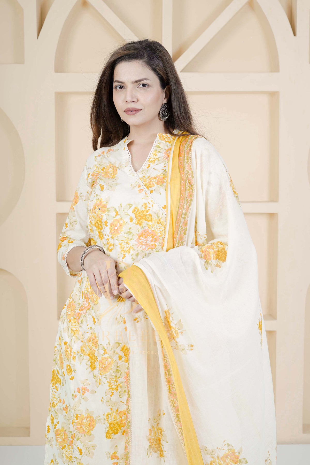 BARBEEE Embellished, Embroidered, Floral Print Kurta, Trouser/Pant & Dupatta Set - Yamini (White & Yellow)